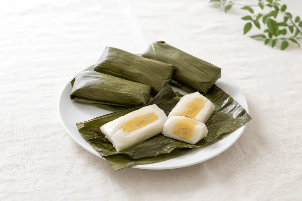 Kue nagasari bungkus daun pisang, dua dibuka memperlihatkan adonan tepung beras bersantan dengan pisang di tengahnya