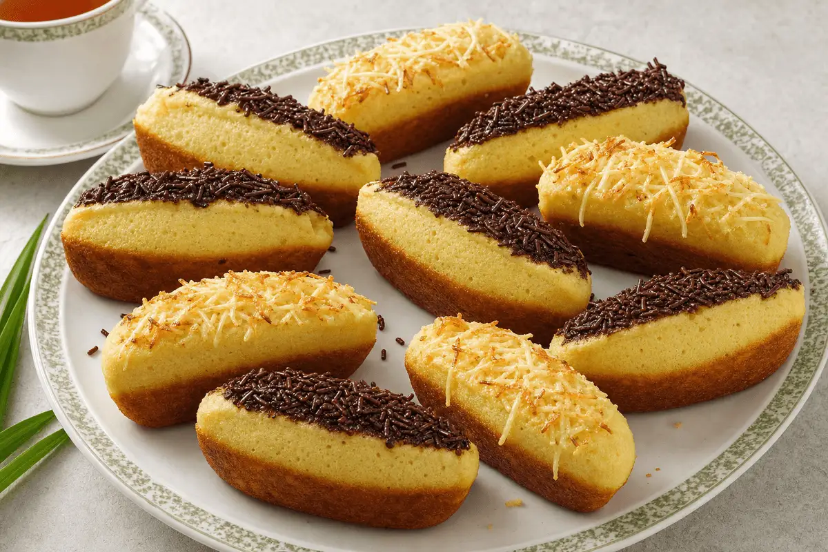 Kue pukis tebal berdasar cokelat keemasan dengan topping meses dan keju parut di piring keramik bermotif hijau