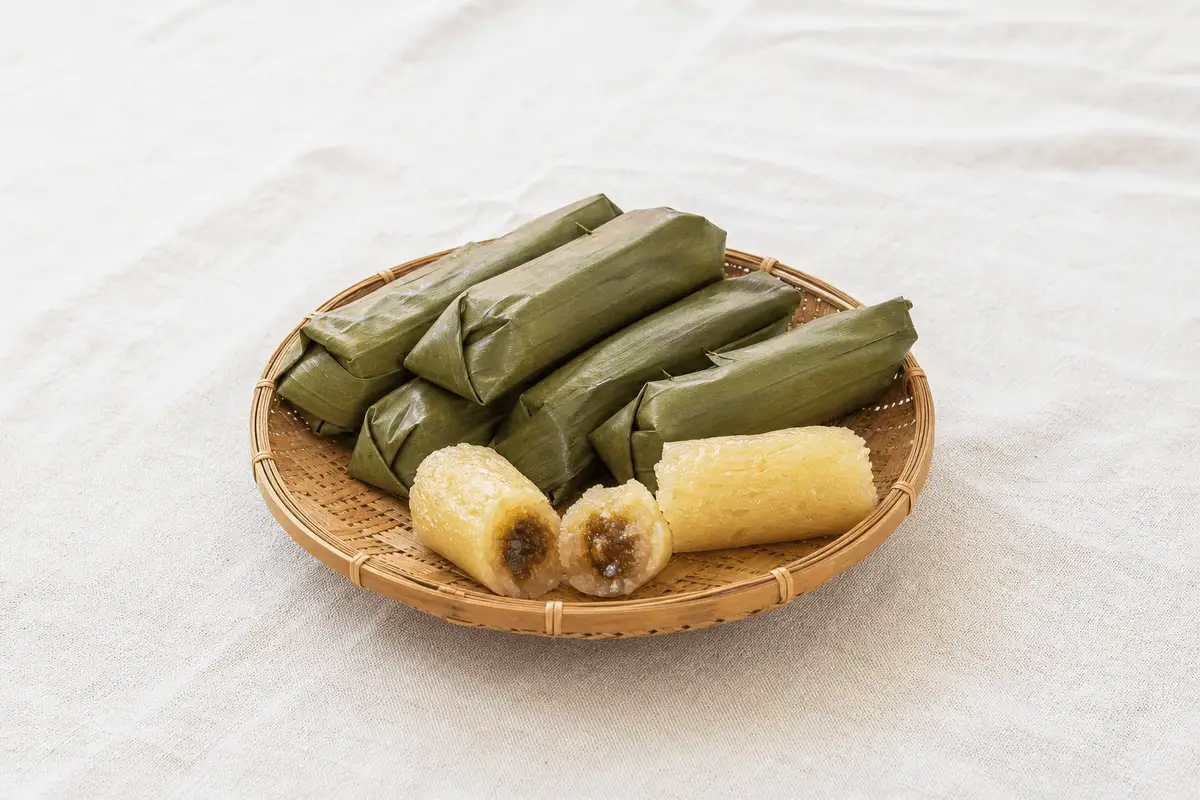 Lemet singkong kukus bungkus daun pisang di tampah bambu, satu dibelah memperlihatkan singkong parut dan gula merah