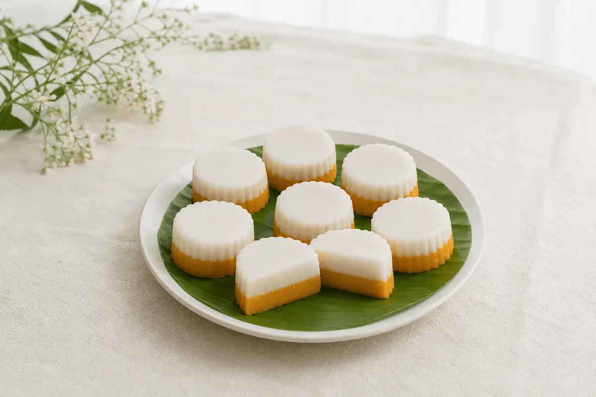 Kue talam ubi dua lapis oranye dan putih di atas daun pisang, satu dipotong memperlihatkan lapisan ubi dan santan