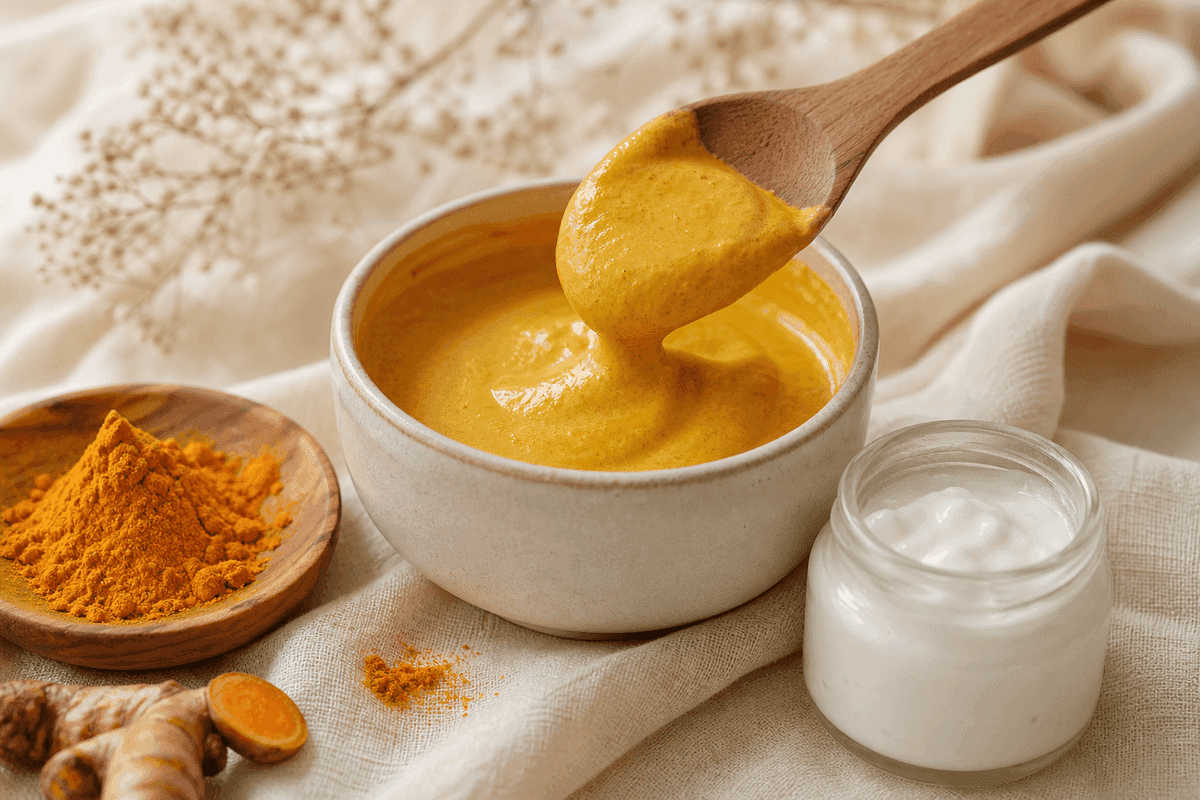 Masker kunyit dan yogurt untuk wajah dalam mangkuk keramik, ditemani bubuk kunyit dan sendok kayu