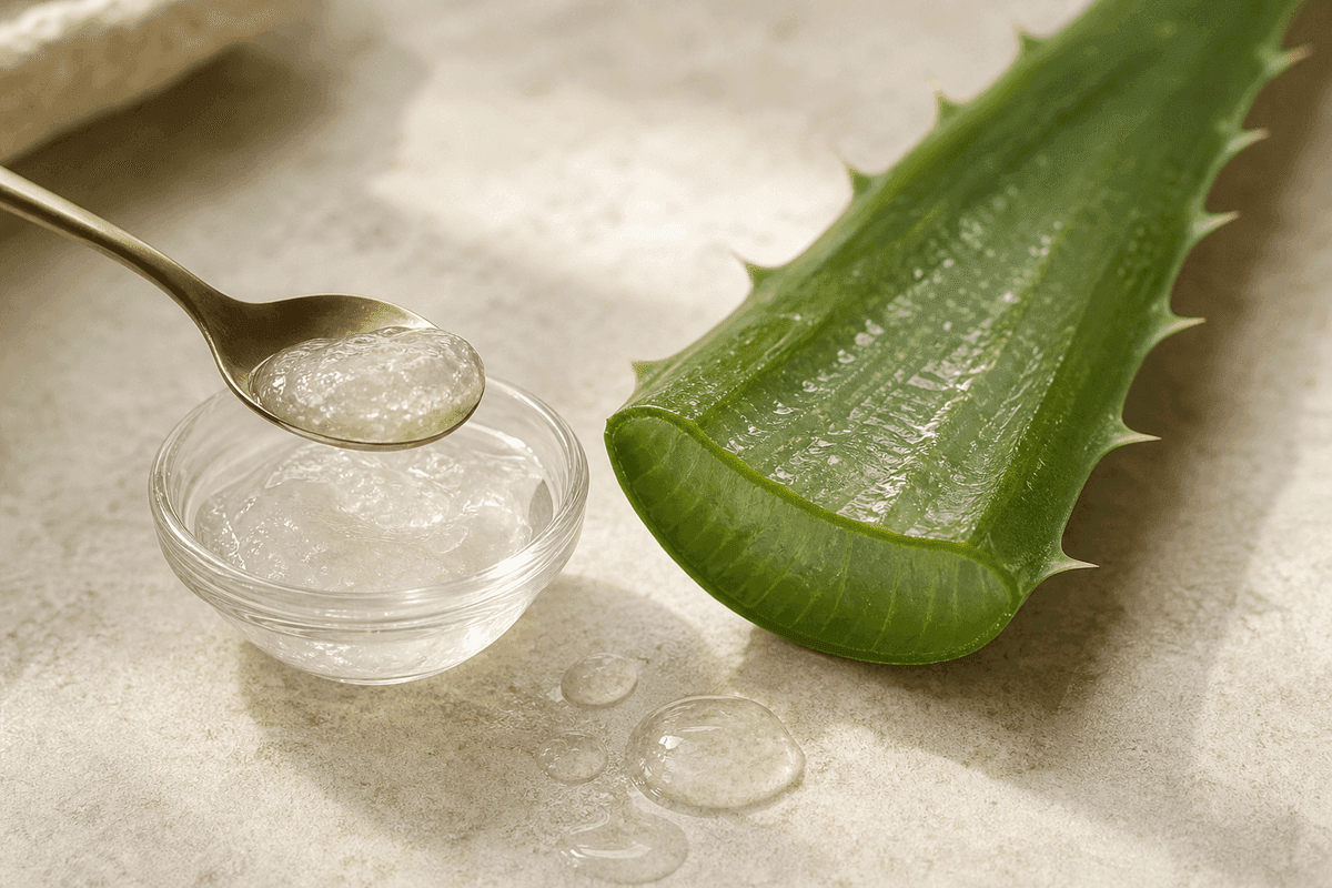 Gel lidah buaya bening dalam wadah kecil — bahan masker lidah buaya untuk wajah yang paling aman