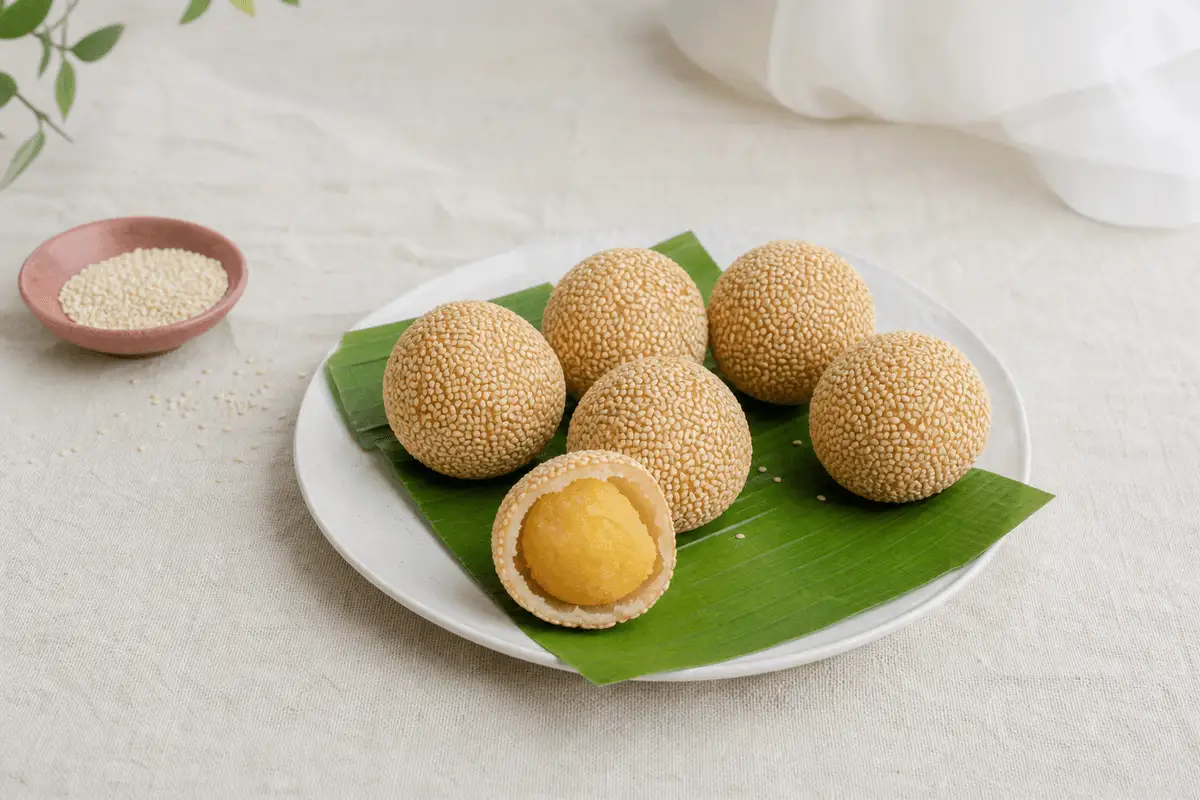 Onde-onde wijen keemasan, satu dibelah memperlihatkan kulit ketan berongga dan isi kacang hijau yang lembut