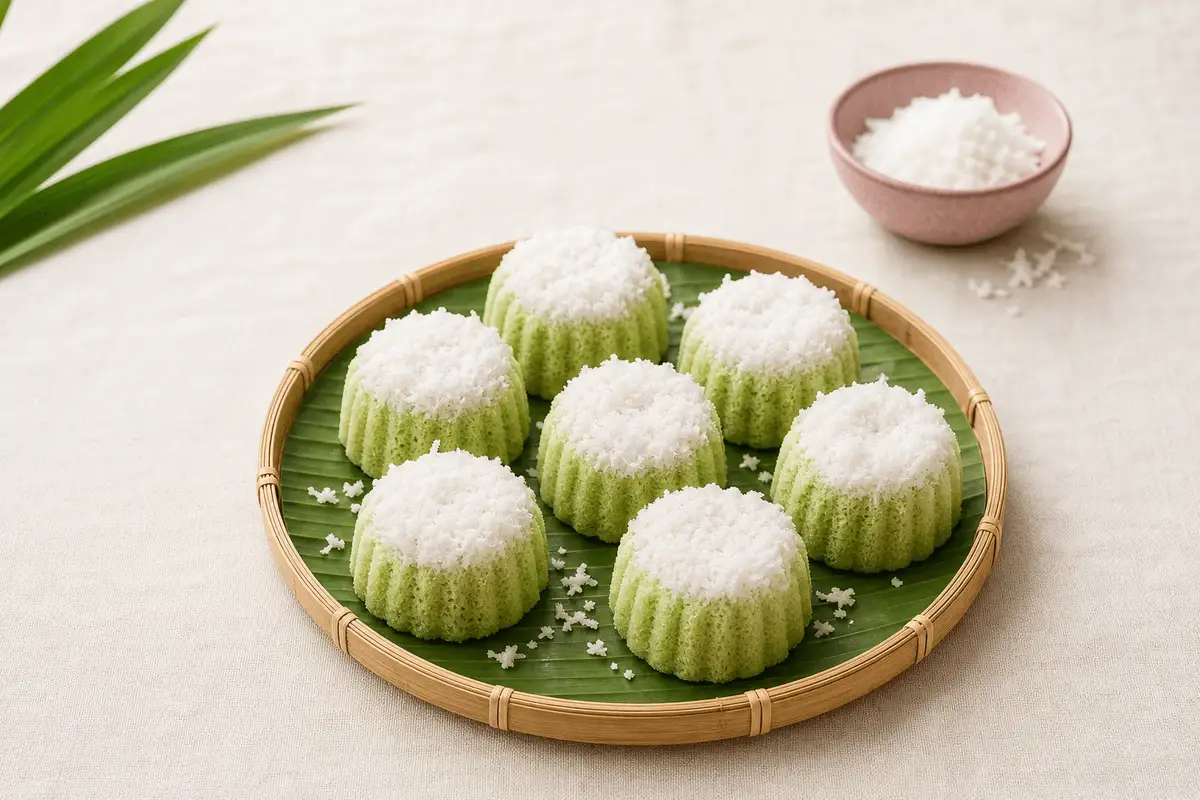 Putu ayu pandan bertopi kelapa parut di tampah bambu beralas daun pisang, kue basah kukus dari tepung terigu